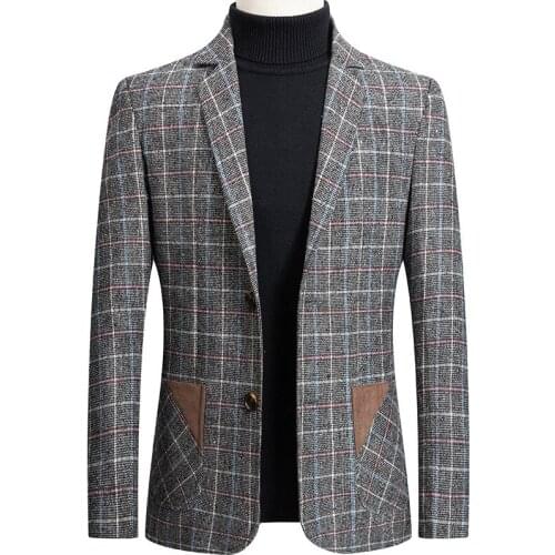 Slim Men Suit Jacket Fit Fashion Check Spring Autumn Business Formal Casual Plaid Blazer Brown Gray Daily Life Single Breasted