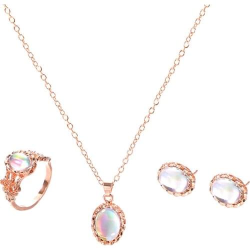 New 3Pcs/Set Shiny Oval Faux Charm Necklace Earrings Ring Women Jewelry