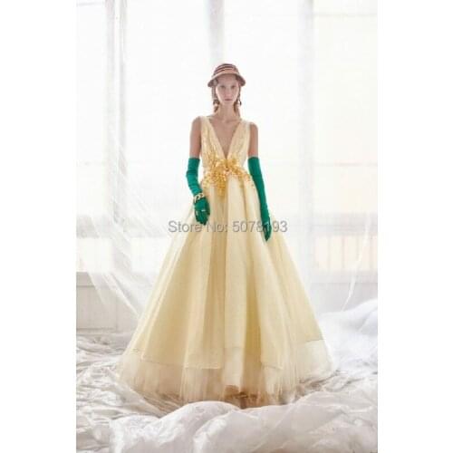 New in V-neck sleeveless natural A-line floor-length tulle evenig dress/gowns pleat&flowers free shipping