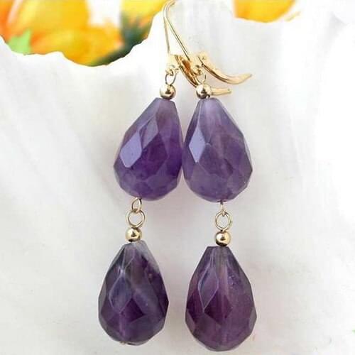 New Arrival Favorite Pearl Jewelry Natural 20mm Drip Faveted Amethyst 14K/20 Gold Hook Dangle Earrings Charming Lady Gift