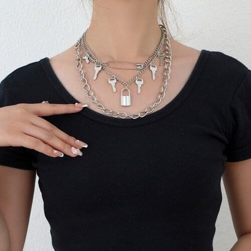 Lost Lady New Style Pin Necklace Creative Trendy Fan Key Lock Pendant Necklace Fashion Fashion Multilayer Chain Alloy Jewelry