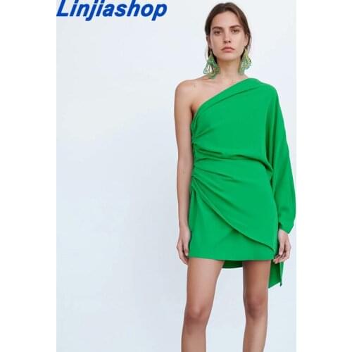 Sexy Mini Dress For Women Diagonal Collar One Shoulder Pleated Green Solid Dresses Female Clothing Fashion Tide
