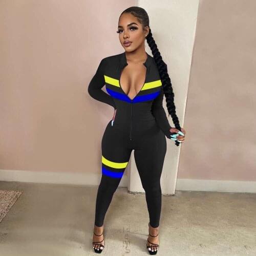 Long Sleeve Sexy Color Matching Zipper Tight Jumpsuit Womens Fitness Exercise Cycling or Motorcycle Racing Casual Jumpsuit