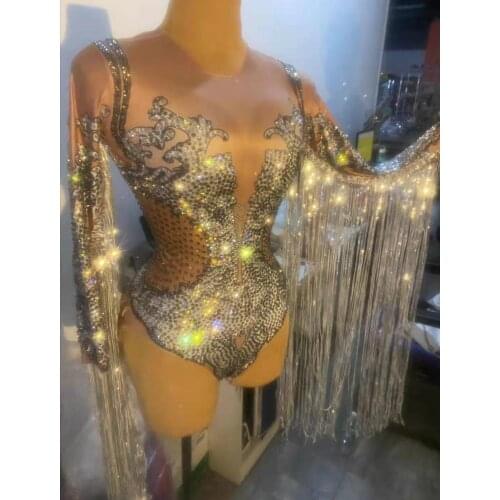 Sexy Silver Long Tassel Rhinestone Bodysuits Women Stretch Crystal Fringes Jumpsuit Club Party Leotard Dancer Stage Outfits