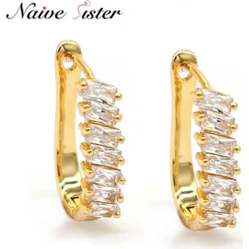 Simple Gold Filled Rectangle Cubic Zirconia Created Hoop Stud Earrings for Women Girl Fashion Love Gift Copper Jewelry Wholesale