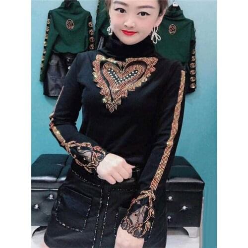 Spring Autumn Thick Warm Women Elegant Lace Blouses Shirts Lady Casual Long Sleeve Turtleneck Collar Lace Blingbling Tops