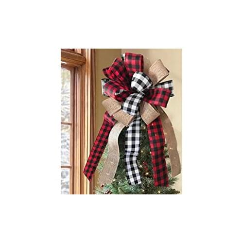 Christmas Tree Topper - Buffalo Plaid Red Black Burlap Decorative Bow - Rustic Farmhouse Xmas Decorations Home Decor