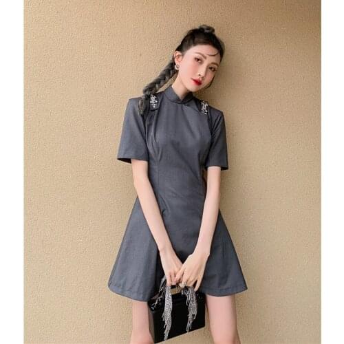 Improved Cheongsam Dress 2021 New Chinese Style Vintage Womens Grey Summer Short Sleeve Design A-Line Mini Dress
