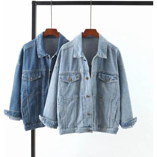 Vintage Women Jean Jackets 2020 Autumn Winter Blue Oversize Denim Jackets Washed Blue Coat Turn Down Collar Pocket Loose Outwear
