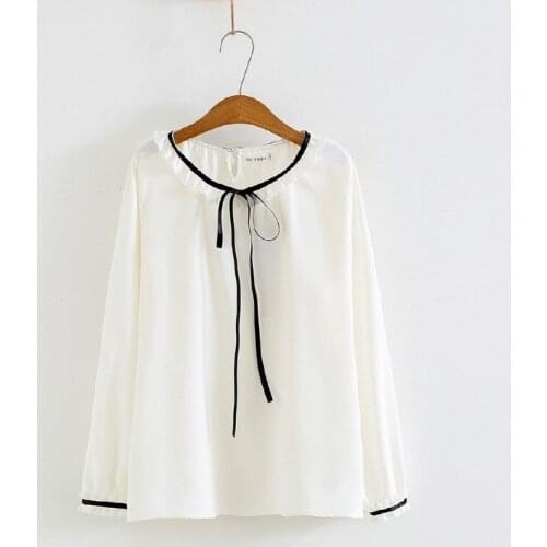 Plus Size XL-3XL Womens Solid Blouse White Long Sleeved OL Tops with Bow