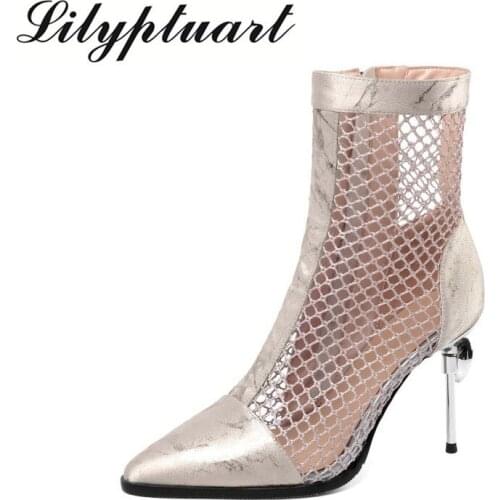 European and American open-toed sandals womens 2021 summer new fine-heeled mesh hole Roman high-heeled cool boots heels women