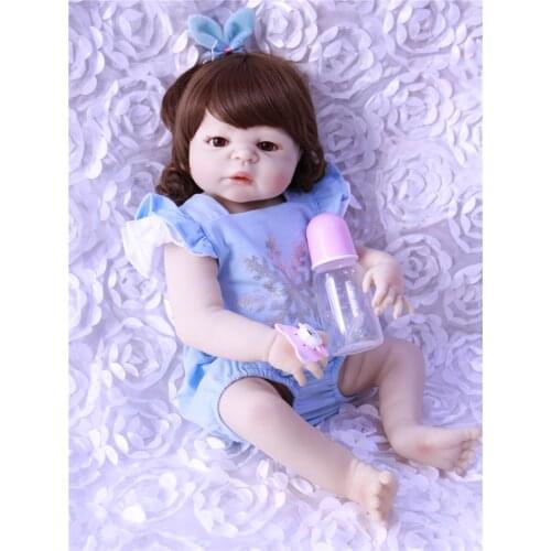 Lovely girl doll reborn23" full body silicone reborn baby toy dolls gift curly hair wig blue/brown eyes optional bebe bonecas