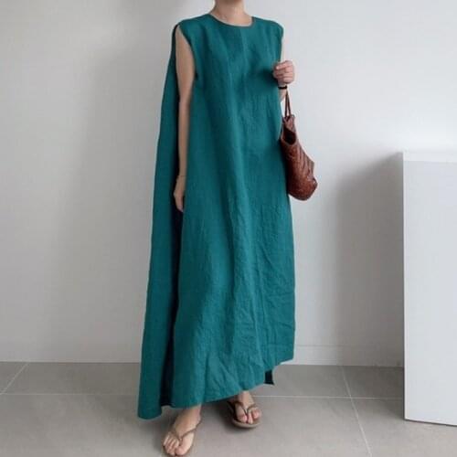 Johnature Sleeveless Women Dress 2021 Summer New Casual Korean Solid Color Loose O-neck 4 Colors Simple Female Dresses