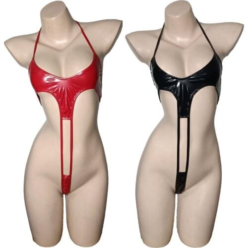 Women Sexy Lingerie Glossy Faux Leather High Cut Tiddies Thong Leotard Tops Bodysuit Teddy Bikini Swimwear Erotic Underwear