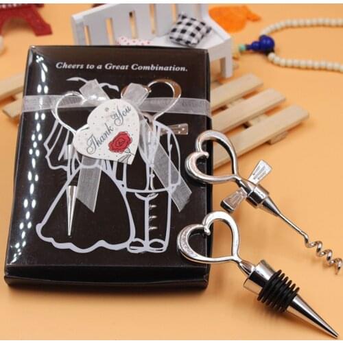 10pcs/lot Love Heart Corkscrew Wine Bottle Opener + Wine Stopper Wedding Gift Favors Bottle Opener Set Wedding Decor