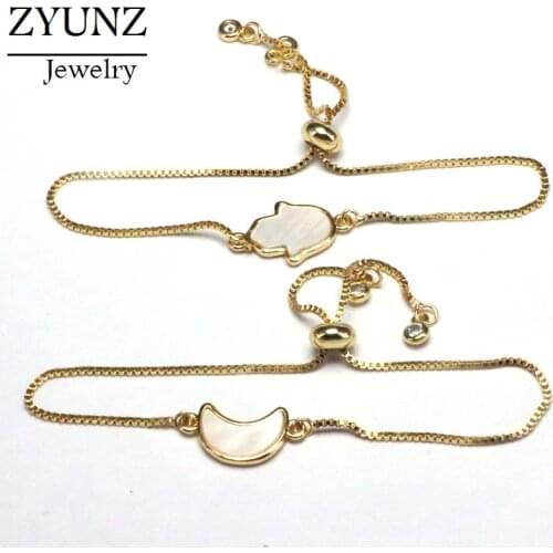10PCS, Gold Color Hamsa Hand / Crescent Moon Connector Bracelets, Gold Chain Bracelets