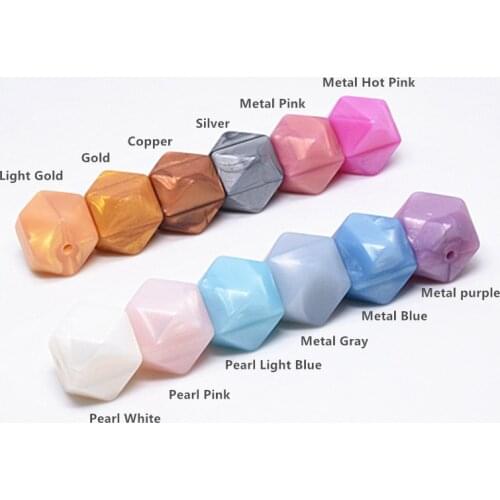 50 PCS Metallic Colors 14 MM Hexagon Silicone Teething Beads Baby Sensory Teethers Nursing Necklaces Chewable Beads Supplier