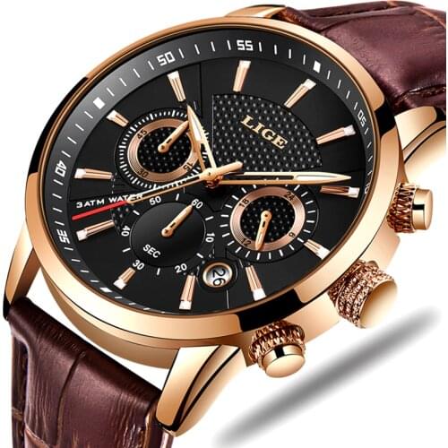 LIGE Mens Watches Top Brand Luxury Leather Casual Quartz Watch Men Military Sport Waterproof Clock Gold Watch Relogio Masculino