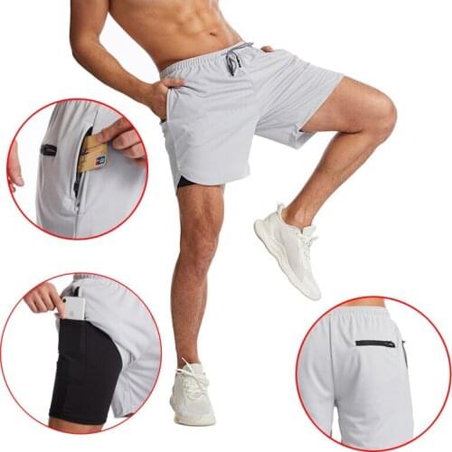 Muscle new double-layer sports shorts mens large size quick-drying zipper pocket fitness jogging pants summer