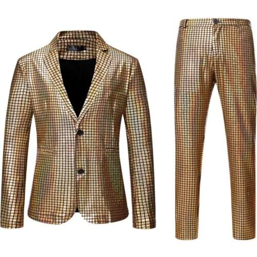 2020 New Men Dancer Stage Performance Suits Gold Silver Plaid Sequin Blazer Pants Disco Festival Party Wedding Groom Tuxedo