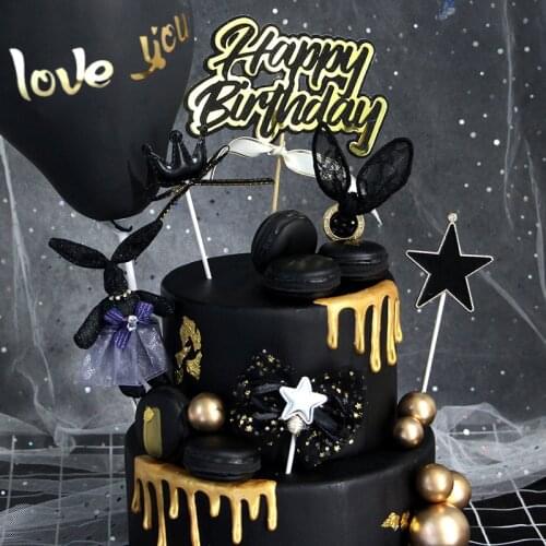New INS Cool Black Happy Birthday Cupcake Topper Ribbon Crown Rabbit Cake Topper For Baby Shower Birthday Party Cake Decorations