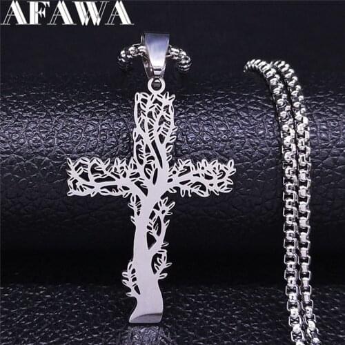 Tree of Life Cross Stainless Steel Necklace Silver Color Statement Necklace Jewelry joyeria acero inoxidable mujer N3018S02