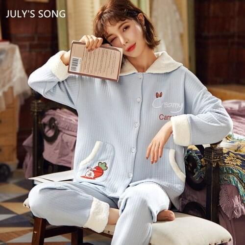 JULYS SONG Pajamas Set 2 Pieces Cotton Girl Cute Interlayer Knitted Lapel Padded Cartoon Women Autumn Winter Thick Sleepwear