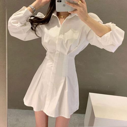 Spring Long Sleeve Shirt Dress Women White Sexy Mini A Line Summer Casual Loose Ladies Puff Sleeve Ruched Dress