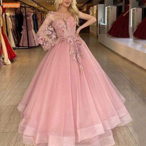 Fashion Pink Prom Dresses Long Lace Appliqued 3D Flowers Beach Sexy Women Party Gown 2020 Vestidos De Gala Customized Robe Femme