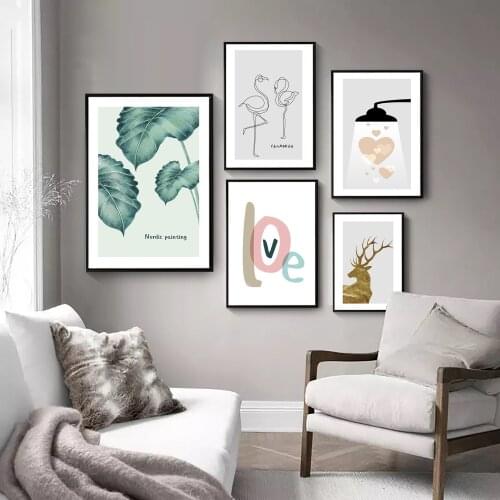 Posters Prints Nordic Abstract Love Canvas Painting Wall Art Plant Line Flamingo POP Pictures For Living Room Gallery Home Decor