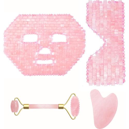 Rose Quartz Jade Eye Mask Face Massage Roller Guasha Board Gouache Scraper Natural Stone Cold Therapy Face Mask Facial Massager