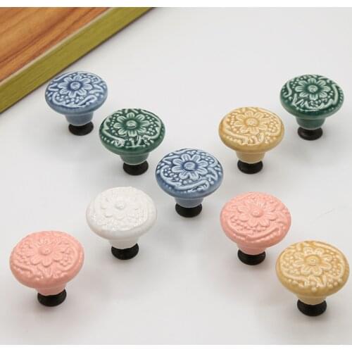 Antique Embossed Flower Drawer Handle Cabinet Door Knob Single Hole Round Wardrobe Cupboard Furniture Pull Handle Hardware