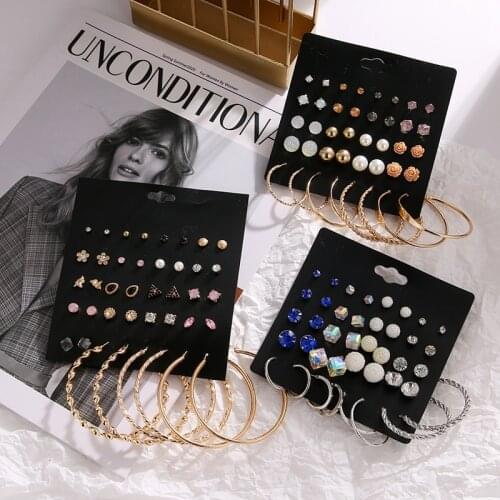 VKEM 20Pairs/Set Crystal Stud Earrings Set For Women Hoop Earing 2021 Womens Fashion Jewelry Geometric Earrings Classic Mix