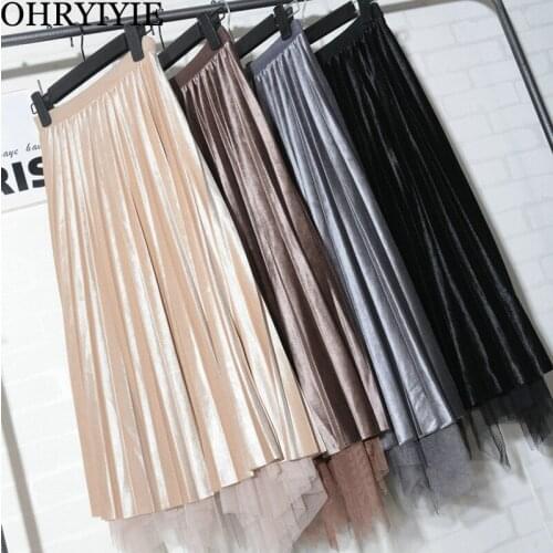 OHRYIYIE Tulle Skirts Women 2019 Vintage Long Velvet Skirt Female High Waist Pleated Skirts Ladies Patchwork Maxi Skirts WS218