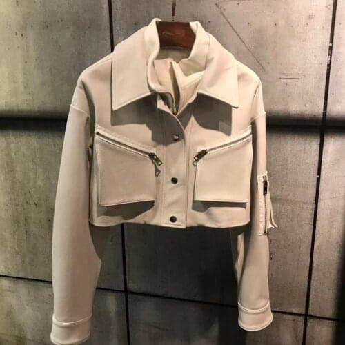 New autumn winter brand design women real sheepskin leather jackets cool stand collar genuine short leather coats white red A91