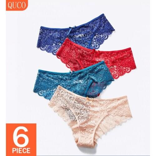 QUCO Brand 6 Pcs/lot Women Panties Sexy Underwear Hollow Out Lace Up Thongs Elastic Lace Lingerie Bandage Black Sheer Briefs Hot
