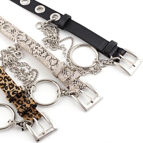 Womens punk Rock rivet Metal ring Chain Belt Leopard print Snakeskin Thin belt p75