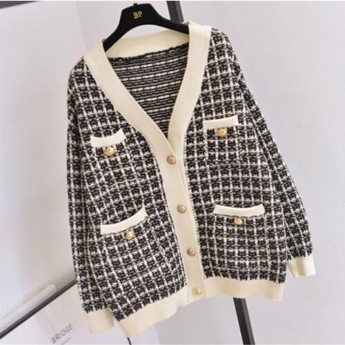 XIKOI Women Sweater Jacket 2021 Oversized Knitted Cardigans Loose Plaid Jumpers Korean Clothing Robe Long Elegnat Female Coat