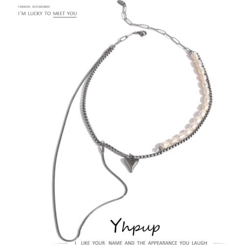 Yhpup Stainless Steel Heart Pendant Necklace Elegant Natural Pearl Chain Necklace for Women Double Layered Jewelry Party Gift