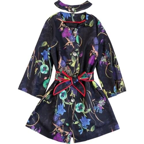 PERHAPS U Women Outwear Pocket Casual Print Single Breasted Black White Three Quarter Sleeve Coats O Neck Sash C0063