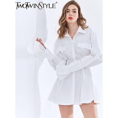 TWOTWINSTYLE Casual Shirt Dress For Women Lapel Flare Long Sleeve High Waist Slim Mini Dresses Female Fashion New Clothing 2020