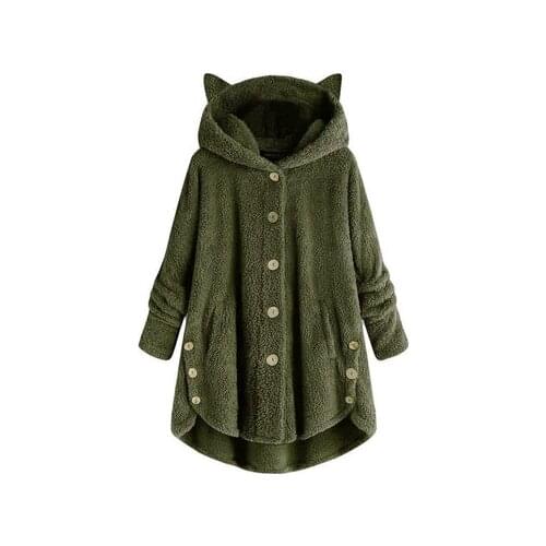 Autumn And Winter New Lady European And American Button Hooded Cat Ear Plush Top Irregular Tide Solid Color Coat Female