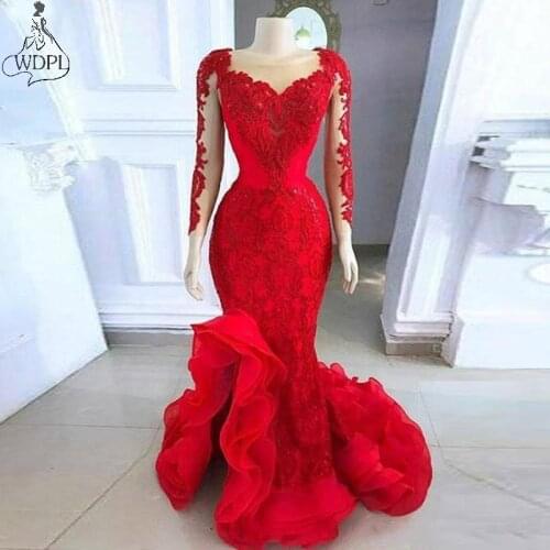 2020 Red Long Sleeve Evening Dresses Formal Vestidos Prom Gowns Mermaid Sheer Neck Lace Appliques Ruffles Split Formal Dress