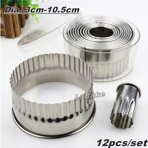 12pcs/set) Fluted blade dia. 3-10cm round circle shape 304 stainless steel cookie biscuit cutters set for DIY bakery tools