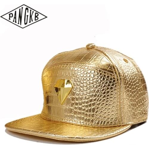 PANGKB Brand Diamonds CAP gold leather metal logo snapback hat headwear for men women adult outdoor casual sun baseball cap