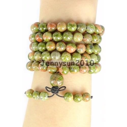 Natural Unakite 8mm Gem Stone Buddhist 108 Beads Prayer Mala Multi-Purpose Stretchy Bracelet Necklace 2Strands/Pack