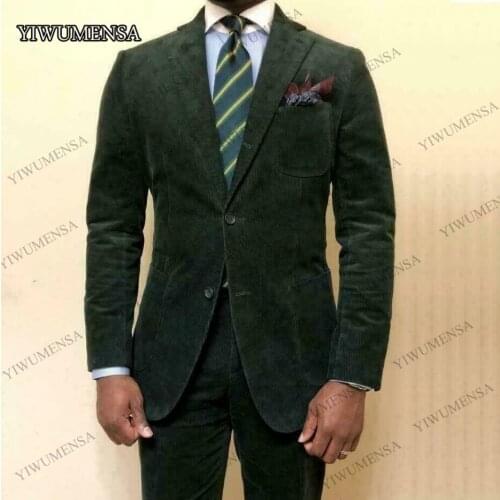 Formal Green Corduroy Mens Suits Groom Tuxedos Wedding Prom Party 2 Pieces Blazers&Pants 2021 Custom Made Male Terno Masculino