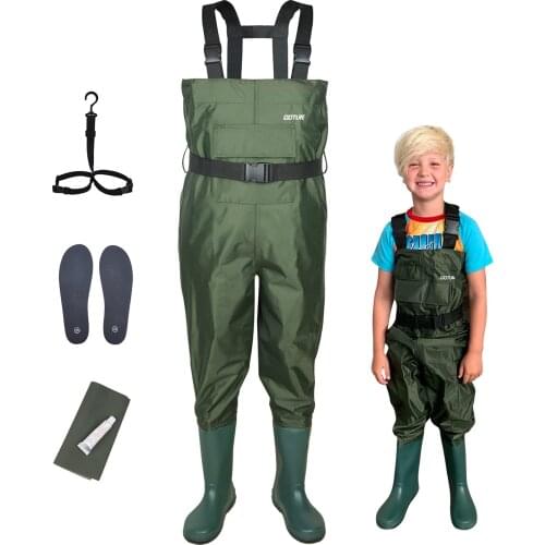 Goture 100% Waterproof Kids Wader Breathable Child Fishing Chest Waders With Anti-Slip Sole Boots For Outdoor Sports Age 2-13