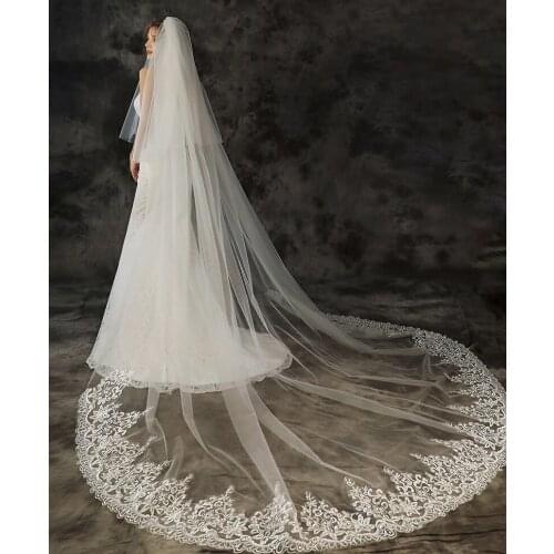 Two Layers Lace Edge 300cm Long Cathedral Veils White Ivory Bride Wedding Veil Wedding Accessoire Velos De Novia with Comb