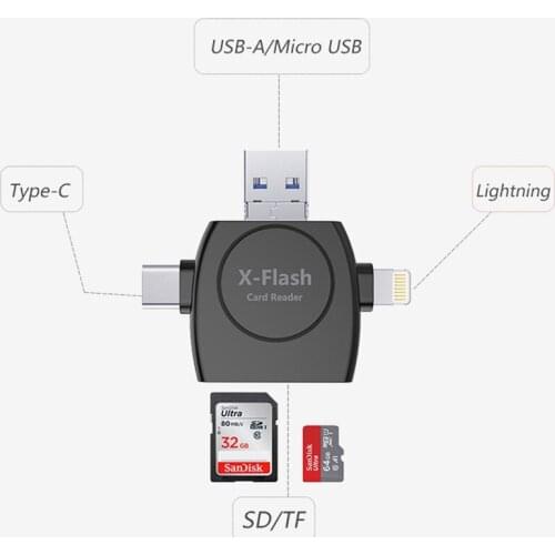 Kismo 4-in-1 Type C Micro USB Lightning Card Reader TF SD Card Reader Adapter for iphone 7 8 X Samsung S8 S9 Note 8 Android